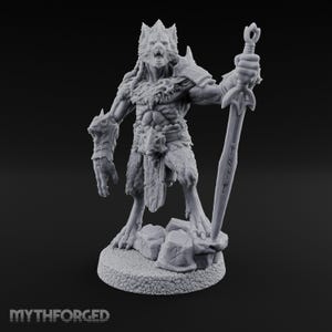 May include: A gray unpainted resin miniature of a bipedal wolf creature standing on a rocky base. The figure has fur texture, wears a loincloth with runes, and holds a long sword with runes on the blade. The base is textured like gravel.