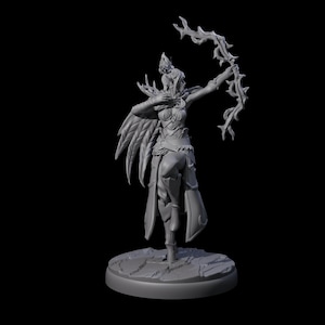 May include: A grey figurine of a female archer in a dynamic pose, drawing back a detailed bow. The figure is clad in armour with wing-like details and stands on a textured base. The bow and figure have intricate, stylized designs.