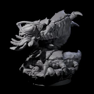 May include: A detailed, gray, 3D-printed model of a monstrous creature. The creature has a large head with multiple eyes, sharp claws, and a segmented body. The model is set against a black background.