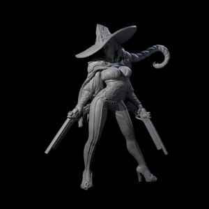 May include: A gray 3D-printed figurine of a woman in a witch-like outfit, complete with a wide-brimmed hat, cape, and high-heeled boots. She holds two long, ornate pistols, with a long, twisted strand of hair. The figure is posed with legs apart.