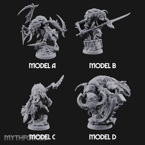 May include: Four grey resin miniature figures labelled Model A, Model B, Model C, and Model D. Model A has multiple blades, Model B holds a spear on a crate, Model C features a horned helmet, and Model D displays a large curved blade and ornate armour.