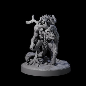 May include: A grey, 3D-printed fantasy miniature of a creature with a skeletal face, antlers, and a muscular body. The figure is posed on a circular base, with a detailed texture and a menacing appearance. The creature is surrounded by small skulls.