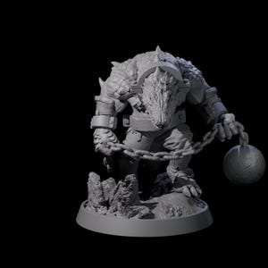 May include: A grey figurine of a reptilian humanoid creature. It has armored shoulders, wrist cuffs, and a spiked collar. A chain is attached to a ball held in one hand. The figure stands on a rocky base.
