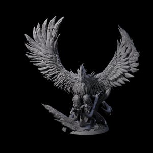 May include: A detailed, gray sculpture of a mythical griffin with outstretched wings. The griffin is perched on a tree branch, with its wings fully displayed. The sculpture has intricate feather and texture details, set against a black background.