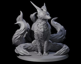 May include: A detailed, gray sculpture of a nine-tailed fox, seated upright with an ornate chest piece. The fox has pointed ears and a long, flowing tail. The sculpture is on a circular base against a black background.
