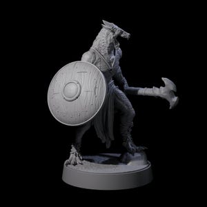 May include: A grey figurine of a werewolf warrior, holding a wooden shield and a clawed weapon. The figure is highly detailed and stands on a small, round base against a black backdrop.