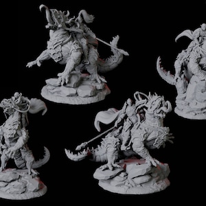 Four Dark Elf or Drow Fighter Miniatures mounted on a lizard for D&D, Dungeons and Dragons, Pathfinder and many other tabletop games
