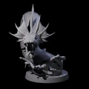 May include: A grey 3D-printed sculpture of a sea serpent with an open mouth, sharp teeth, and a long tongue. The serpent has fin-like structures and is posed as if emerging from water. The sculpture is on a round base.