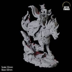 May include: A detailed gray miniature of a warrior riding a horned beast, with flames emanating from the beast's mane and tail. The warrior is clad in armor, and the base is 50mm. The text "Myth Forged" is in the upper right corner.