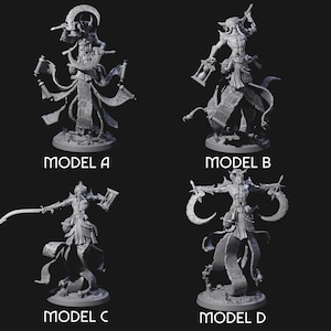 May include: Four detailed gray miniature figures, each on a circular base, are displayed against a dark background. Each figure is a different model, labeled A, B, C, and D. The figures have intricate designs and are in various poses.