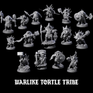 May include: A collection of gray, miniature figurines of the "Warlike Tortle Tribe." The figurines depict various fantasy creatures in dynamic poses, wielding weapons like axes, hammers, and shields. The text "WARLIKE TORTLE TRIBE" is at the bottom.