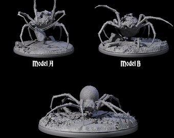 Miniatura de três aranhas de caverna com teias giratórias para D&D, Dungeons and Dragons, Pathfinder e muitos outros jogos de mesa