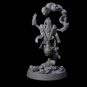 May include: A gray, 3D-printed figurine of a skeletal figure with outstretched arms, holding a vessel and a raised hand. A flowing, ghostly form with skulls emanates from the figure. The base features additional skulls, creating a dark fantasy theme.