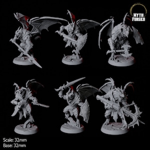 May include: Six gray 32mm scale miniature figures of winged demons with different weapons and poses. The figures are on round bases and are ready to be painted.