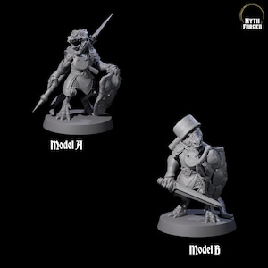 May include: Two grey miniature fantasy figurines. Model A is a reptilian humanoid warrior with a spear and shield. Model B is a similar figure with a sword and shield, wearing a hat. The text "Model A" and "Model B" are below each figure.