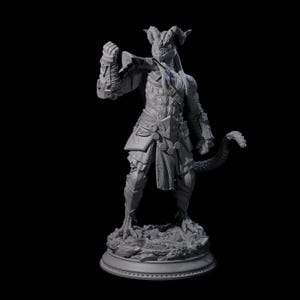 May include: A detailed grey figurine of a dragon-like humanoid creature. The figure is posed with a raised fist and a long, scaled tail. It wears armour and has horns, standing on a rocky base.