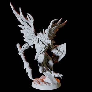 May include: A white 3D printed miniature of a winged humanoid creature with a spear and shield. The creature has a bird-like head and feathers on its arms and back.