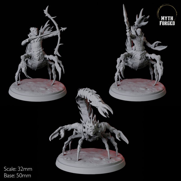 May include: Three 32mm scale miniature figures of scorpion-human hybrids. The figures are posed in different stances, one holding a bow and arrow, one holding a spear, and one with its claws raised. The figures are painted in a light gray color and are standing on round bases. The text "MYTH FORGED" is visible in the upper right corner of the image.