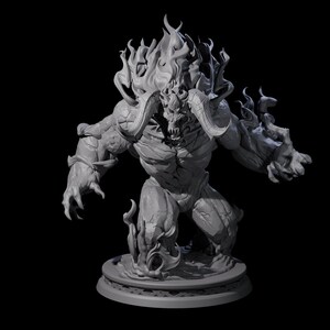 May include: A grey 3D-printed demon figurine with a fiery mane and horns. The muscular creature stands on a circular base, with flames emanating from its body. The demon has a menacing expression and sharp claws.