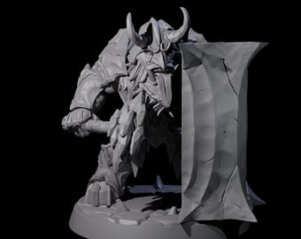 May include: A grey, 3D-printed fantasy figurine of a horned warrior holding a large shield. The warrior is clad in detailed armour and stands on a textured base. The shield has a rough, stone-like texture.