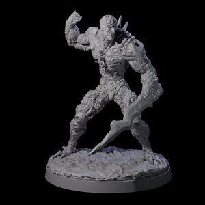 May include: A gray, detailed figurine of a monstrous humanoid figure. The figure is posed with one arm raised and the other holding a large, curved blade. The creature has a textured, organic appearance, with intricate details on its body and a menacing expression.