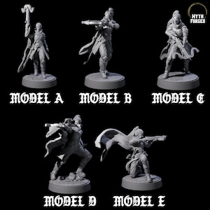 May include: Five grey miniature figurines of female characters in action poses, each on a circular base. The figurines are labelled "MODEL A" through "MODEL E" in a gothic font. The "Myth Forged" logo is in the upper right corner.