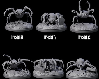 Miniaturas de seis aranhas-das-cavernas ágeis para D&D, Dungeons and Dragons, Pathfinder e muitos outros jogos de mesa.