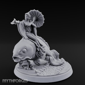 May include: A detailed, gray figurine depicts a woman in traditional attire riding a large fish. She holds an umbrella and a fan. The fish rests on a circular base with a small structure and textured ground. The base has the text "MYTHFORGED".