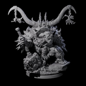 May include: A gray, detailed figurine of a monstrous creature with large horns, a crown, and a massive hammer. The creature has a snarling expression and is posed on a rocky base. Two small figures hang from the horns.