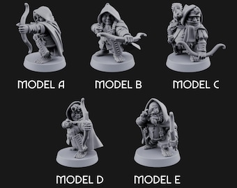 May include: Five miniature figurines of hooded archers in various poses. Each figure is on a circular base and holds a bow. The models are labeled A through E. The figures are all gray and appear to be made of plastic.