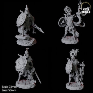 May include: Four 32mm scale miniature figures of skeletal warriors with swords and shields. The figures are painted in a grey color and are standing on a base. The figures are from the Myth Forged brand.
