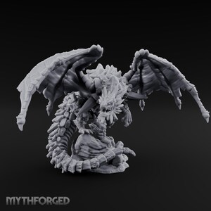 May include: A grey dragon figurine with intricate detailing, including scales, wings, and a fierce expression. The dragon is positioned on a rocky base, with the text "MYTHFORGED" at the bottom. Suitable for tabletop gaming or display.
