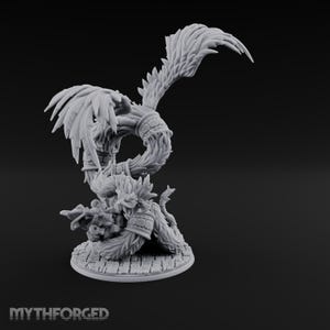 May include: A detailed, grey fantasy figurine of a creature with feathered wings and a long, curved tail. The figure is posed on a circular base with a textured surface. The text "MYTHFORGED" is at the bottom.