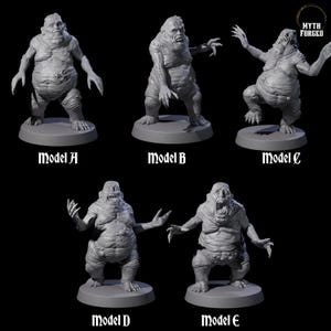 May include: Five grey monster figurines are shown, each on a round base. The monsters have grotesque features, with wrinkled skin, clawed hands, and open mouths. Each figure is labelled with a model designation: A, B, C, D, and E. The Myth Forged logo is in the upper right corner.