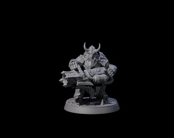 May include: A gray miniature figurine of a fantasy character, possibly a dwarf or orc, with horned helmet and weapon. The figure is posed in a dynamic stance, holding a large hammer and a cylindrical object. The figurine is on a circular base.