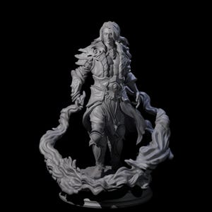Puede incluir: Figura gris impresa en 3D de un personaje de fantasía masculino con pelo largo, armadura y tela fluida. La figura se alza sobre una base con efectos estilizados de humo o energía. La pose del personaje es dinámica, con los brazos extendidos.