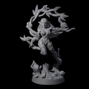 May include: A gray figurine of a female elf, sculpted with intricate details. The elf is posed mid-leap, surrounded by stylized branches and leaves. The base features a tree stump design, creating a fantasy theme.