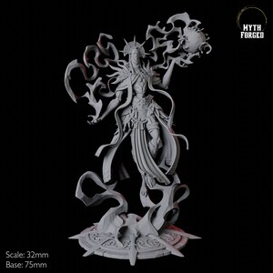 May include: A grey 3D printed miniature of a figure with a crown and flowing robes, holding a sphere in their hand. The figure is surrounded by swirling smoke-like effects. The miniature is 32mm in scale and has a 75mm base. The text "MYTH FORGED" is visible in the top right corner of the image.