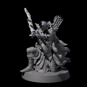 May include: A grey fantasy figure kneeling, holding a bow and arrows, a sword, and wearing a flowing cape. The figure is on a round base, with detailed armour and a menacing expression. The background is black.