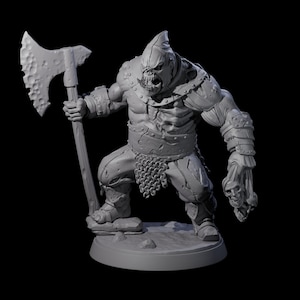 May include: A gray, 3D-printed fantasy figure of a muscular humanoid creature with a menacing expression. It wields a large axe and holds a severed head. The figure is detailed with armor and chainmail, set against a black background.