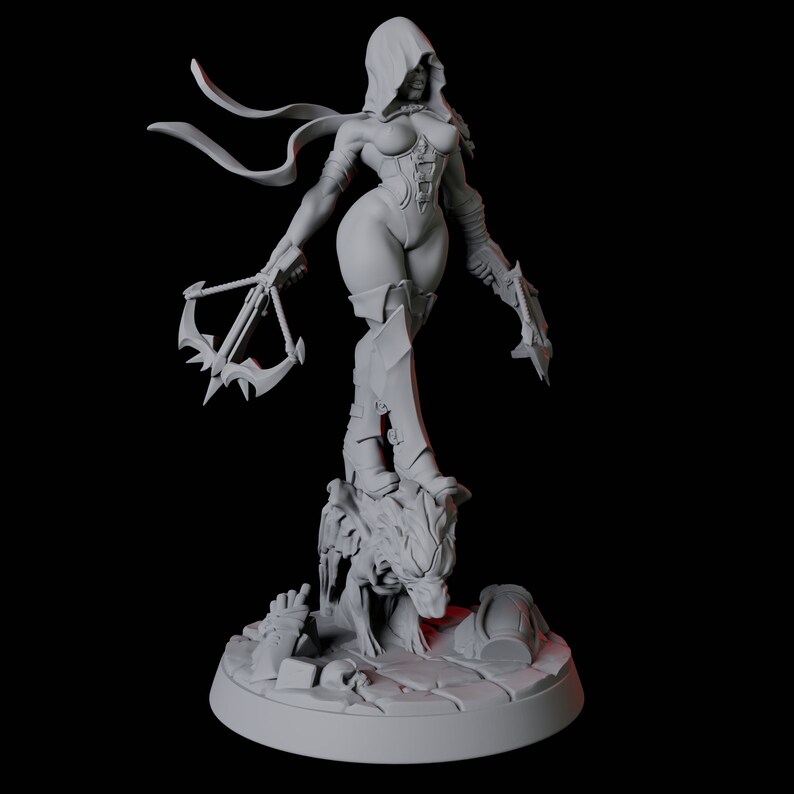 May include: A gray figurine of a female warrior in a hooded cloak, holding crossbows. She stands atop a detailed base with a skull and debris. The figure is in a dynamic pose, with a detailed corset and armor.