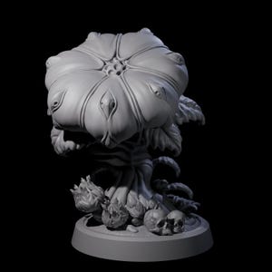May include: A grey, 3D-printed fantasy sculpture of a large, stylised flower with multiple eye-like features. The sculpture includes leaves, smaller flower buds, and two skulls at the base, all on a circular base.