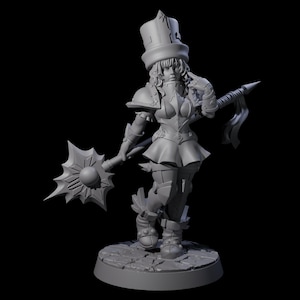 May include: A gray 3D-printed figurine of a female fantasy character. She wears a top hat, armor, a short skirt, and boots. She holds a staff with a spiky ball and a spear-like weapon. The figurine stands on a stone-like base.