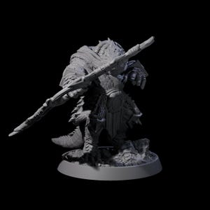 May include: A gray, detailed figurine of a reptilian humanoid warrior, holding a staff. The figure is clad in armor and stands on a rocky base, with a dark background. The sculpture has a textured surface and intricate details.