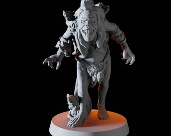 May include: A white painted miniature figurine of a creature with a grotesque face and long hair, holding a small animal in its hand. The figurine is standing on a round base.