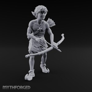 May include: A gray figurine of an archer elf, holding a bow and arrow, with a quiver of arrows on his back. The elf is wearing a leaf skirt and pointed shoes. The text "MYTHFORGED" is at the bottom.