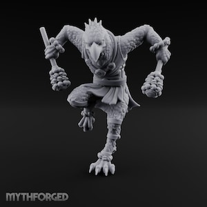 May include: A light grey, unpainted resin miniature of an anthropomorphic bird creature in a dynamic running pose. The figure features feathered textures, a sharp beak, and holds two spiked maces. The text MYTHFORGED is visible at the bottom left.