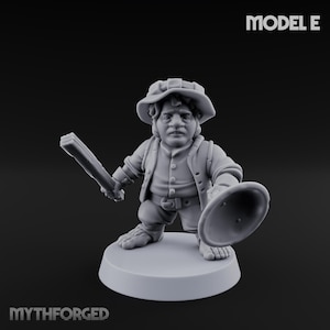 May include: A gray miniature figurine of a character holding a shield and a wooden plank. The figurine is wearing a hat and a jacket. The text "MODEL E" is in the upper right corner. The text "MYTHFORGED" is at the bottom.