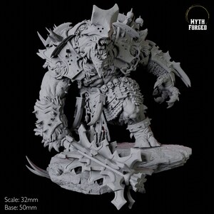 May include: A detailed, grey, 3D printed miniature of a monstrous, heavily armoured creature wielding a large, spiked weapon. The creature has a fierce expression and is posed in a dynamic stance. The miniature is designed for tabletop gaming and is 32mm in scale with a 50mm base.