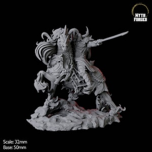 May include: A detailed gray miniature of a knight on horseback, wielding a sword. The knight and horse are heavily armored with intricate designs. The base is a rocky terrain. The text "Myth Forged" is in the upper right corner. Scale: 32mm, Base: 50mm.